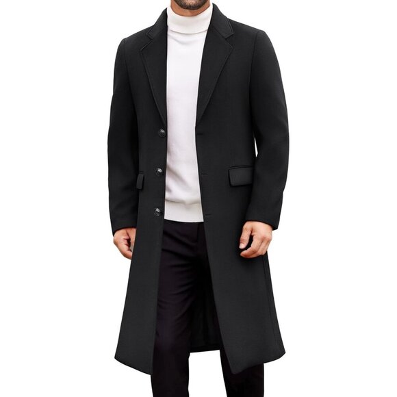 Other - Men’s Long Trench Coat Single-Breasted Wool Blend Overcoat with Notched Collar